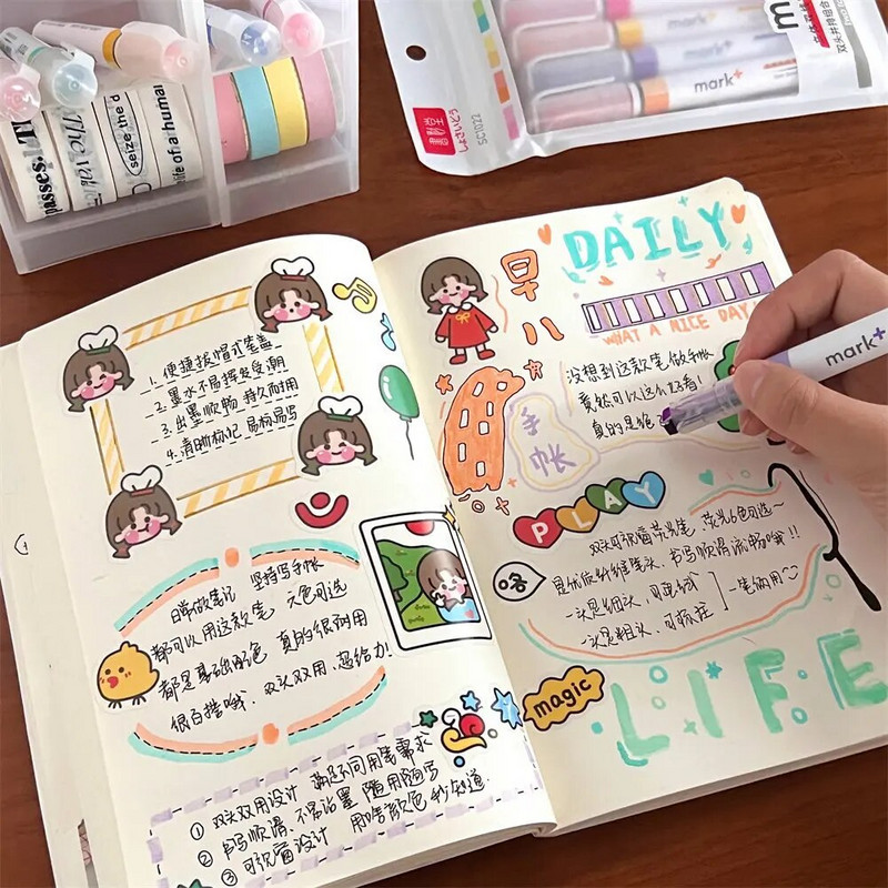 6 ks/sada zvýrazňovačov, fixiek, štetcov, fluorescenčných kresliarskych zvýrazňovačov, obojstranných pier, pastelových písacích potrieb