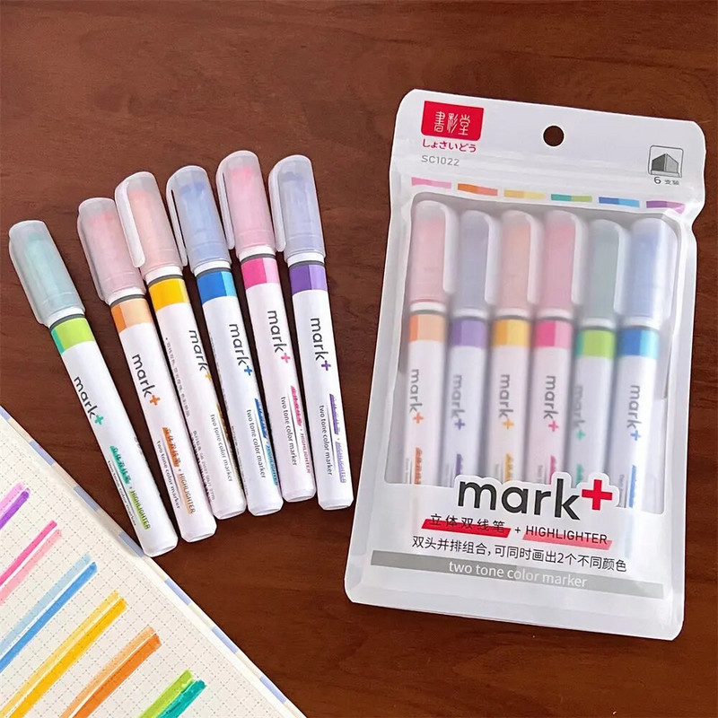 6 ks/sada zvýrazňovačov, fixiek, štetcov, fluorescenčných kresliarskych zvýrazňovačov, obojstranných pier, pastelových písacích potrieb