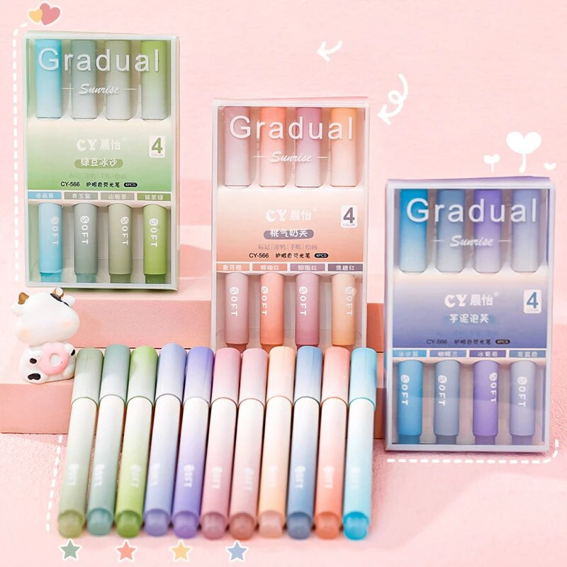 4gab Kawaii Gradual Highlighter Pildspalvas Jauki zīmēšanas krāsošanas rīki Skolēniem Piezīmju marķieri Korejas kancelejas piederumi Skolas biroja piederumi