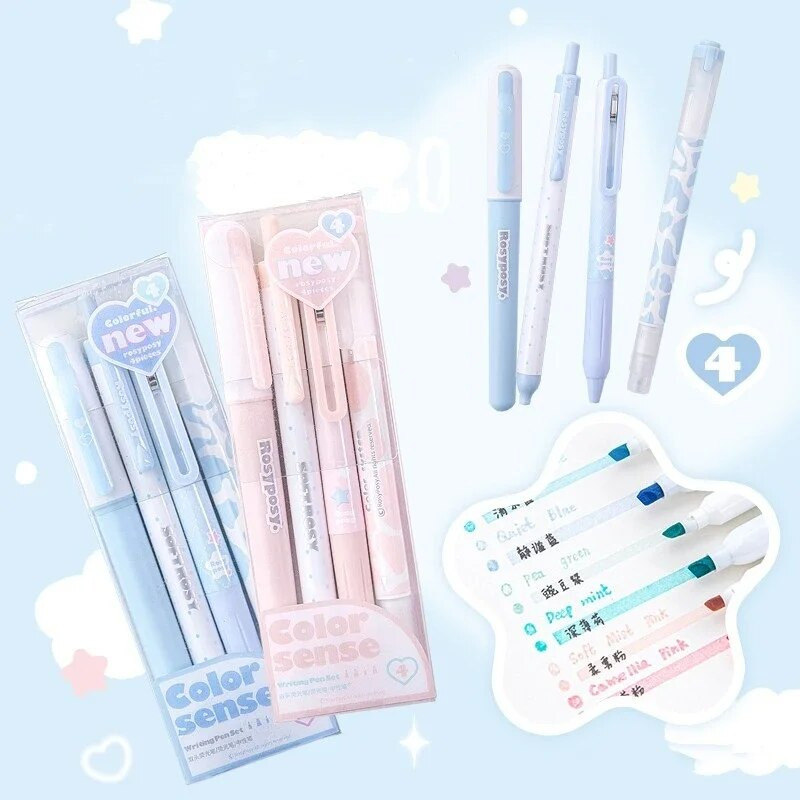 4 tk kreemjas esiletõstja, musta tindiga geelpliiatsi markeri lainer Color Sense kirjutuspliiatsi komplekt kahepealise fluorestsentspliiatsi Kawaii kirjatarbed
