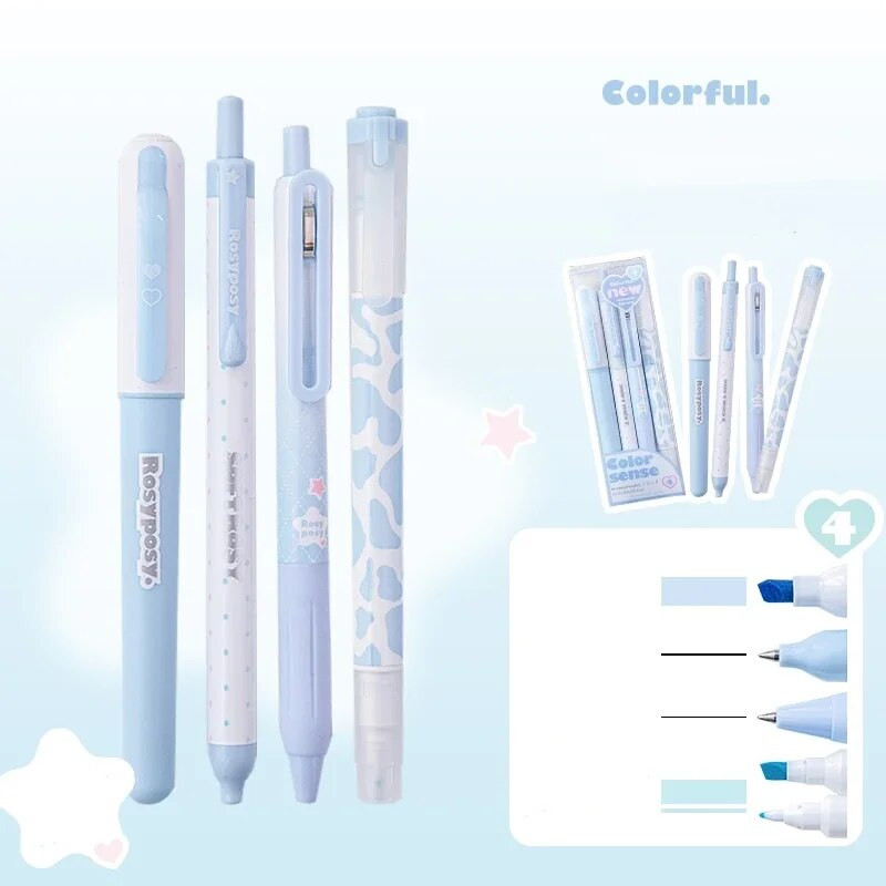 4 tk kreemjas esiletõstja, musta tindiga geelpliiatsi markeri lainer Color Sense kirjutuspliiatsi komplekt kahepealise fluorestsentspliiatsi Kawaii kirjatarbed