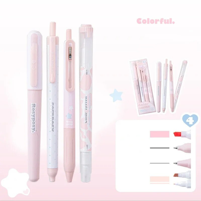 4 tk kreemjas esiletõstja, musta tindiga geelpliiatsi markeri lainer Color Sense kirjutuspliiatsi komplekt kahepealise fluorestsentspliiatsi Kawaii kirjatarbed