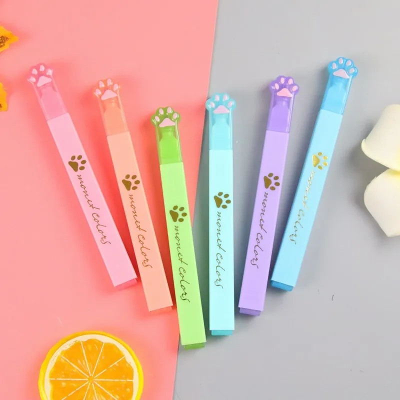 6gab Karikatūra kaķu ķepu iezīmētāju komplekts Fluorescējošas marķieru pildspalvas Grafiti pildspalva Jauki kancelejas piederumi rakstīšanas piederumi Bērnu skolas piederumi