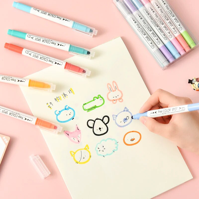 Σετ highlighter 6 χρωμάτων Διπλή μύτη Στρογγυλή κουκκίδα καινοτομία Έγχρωμη κουκκίδα Ζωγραφική έγχρωμοι μαρκαδόροι Χειρός λογαριασμός Journal Planner στυλό