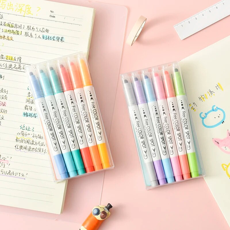 Σετ highlighter 6 χρωμάτων Διπλή μύτη Στρογγυλή κουκκίδα καινοτομία Έγχρωμη κουκκίδα Ζωγραφική έγχρωμοι μαρκαδόροι Χειρός λογαριασμός Journal Planner στυλό