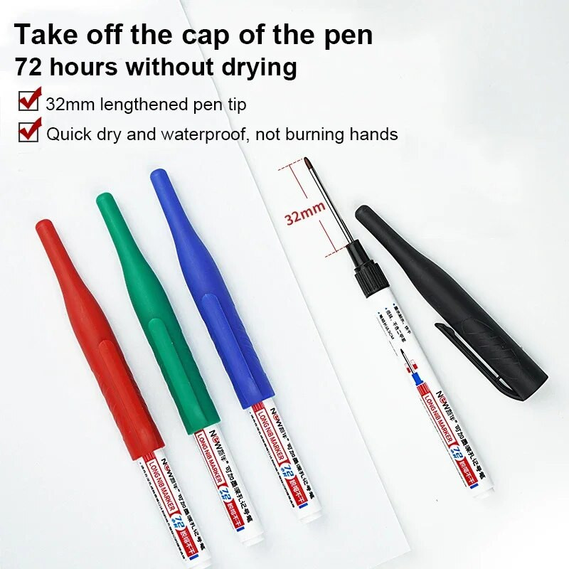 1/3 gab. 32 MM marķieru pildspalvas ar garu galvu, četru krāsu lielas ietilpības dziļo caurumu galviņas ūdensnecaurlaidīgi marķieri metāla kokapstrādes mākslas materiāliem
