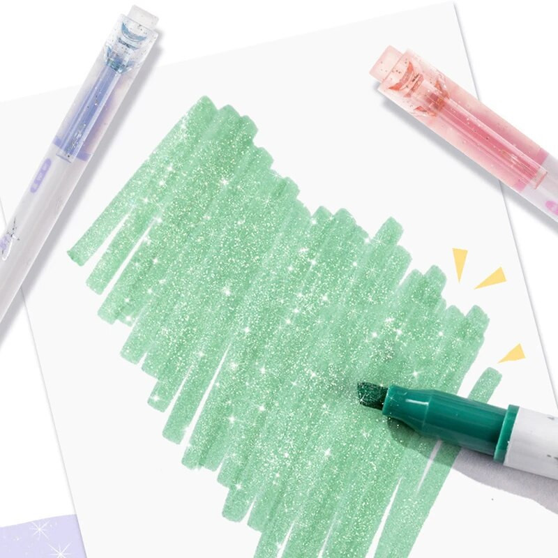 Glitter Marker Highlighter Pliiatsid, peene otsaga, erinevaid fluorestsentsvärve kunstiajakirjade värvimiseks Käsikirjade visandamine