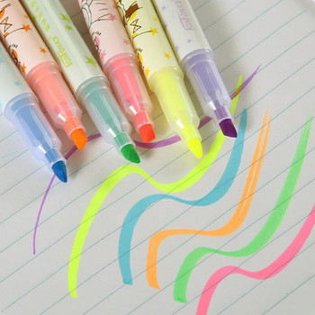 6бр. Акценти с аромат на сладка котка, бонбонени цветове, маркери, флуоресцентна писалка с двоен връх за художествено рисуване, училищни канцеларски материали