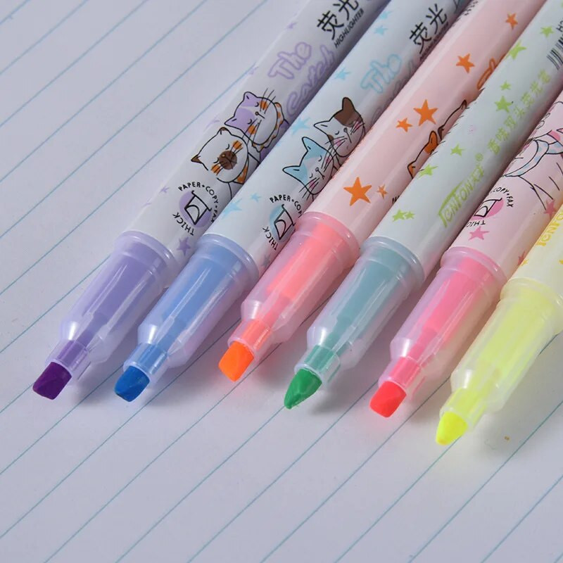 6gab Cute Cat Smaržas marķieri Konfekšu krāsas Marķieri Fluorescējoša pildspalva ar diviem uzgaļiem mākslas zīmēšanas skolai biroja kancelejas preces