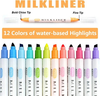 12 бр. Маркери за хайлайтър Химикалка с двоен връх MilkLiner Пастел цвят Eye-Protect Светъл цвят Флуоресцентни химикалки Училищен маркер за рисуване