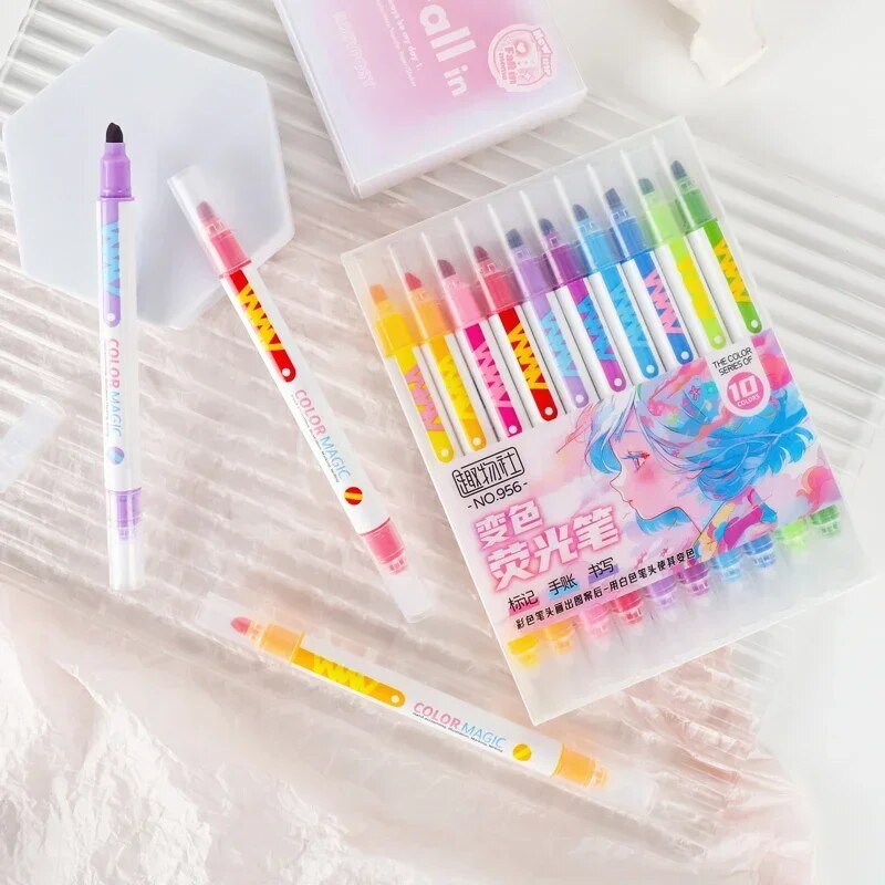 10 τεμ. Διπλής όψης Magic Color Changing Highlighter Σετ στυλό ημερολογίου μαθητή Ζωγραφική DIY Κατασκευή Classroom Office Kawaii