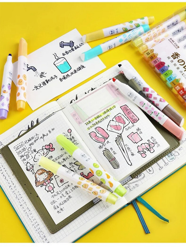 6gab. Aromātiskas dienasgaismas izgaismotāju pildspalvu komplekts Garšīgs ēdiens Smaržo Krāsu Marķieris Laineris Izceļošs Zīmējums Biroja skola F747