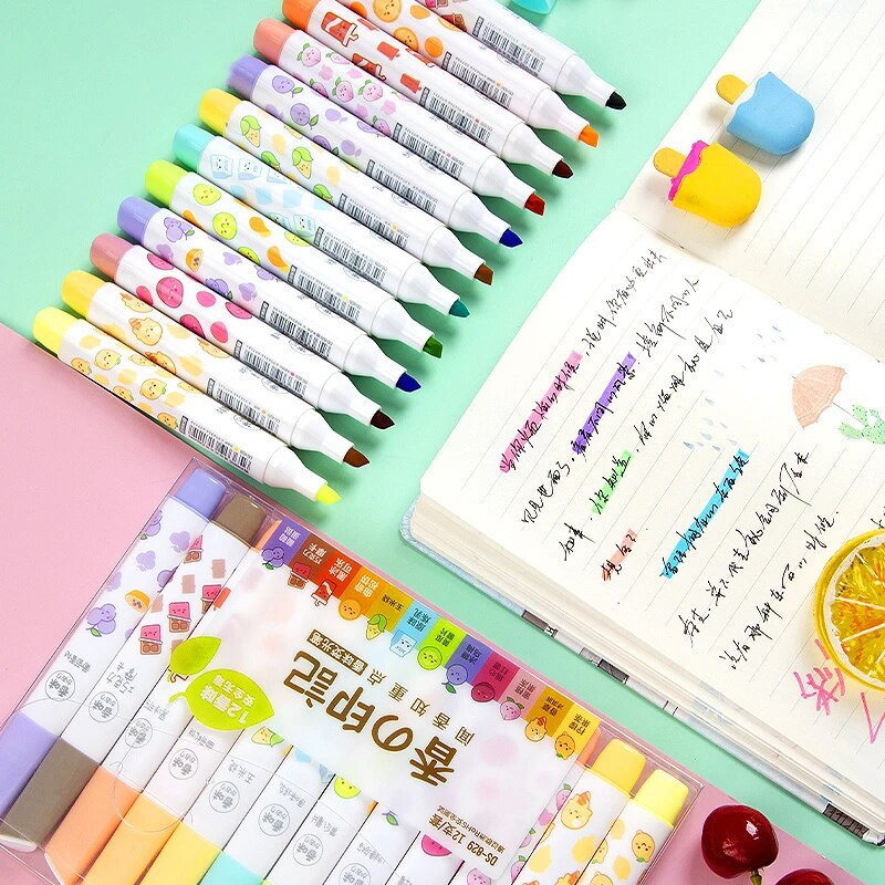 6gab. Aromātiskas dienasgaismas izgaismotāju pildspalvu komplekts Garšīgs ēdiens Smaržo Krāsu Marķieris Laineris Izceļošs Zīmējums Biroja skola F747