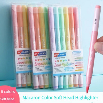 6 бр. /комплект Kawaii Candy Color Highlighter Pen Мека четка Флуоресцентна писалка за изкуство маркер за училищна рисунка Живопис Сладки канцеларски материали