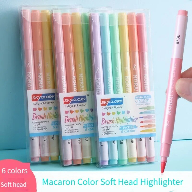 6 tk / komplekt Kawaii Candy Color Highlighter Pliiats, Pehme pintsel, Fluorestseeruv kunstimarker pliiats kooli joonistamiseks maalimiseks Armsad kirjatarbed