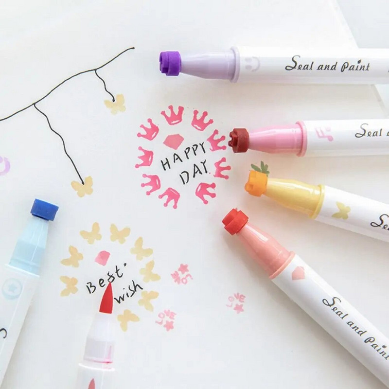 6 ΤΕΜ. Πολύχρωμο Σφραγίδα διπλής μύτης πινέλο ζωγραφικής Μαλακό κεφαλάκι Επισήμανση τέχνης Δώρο για μαθητές Εργαλεία σχεδίασης Σχολικά είδη