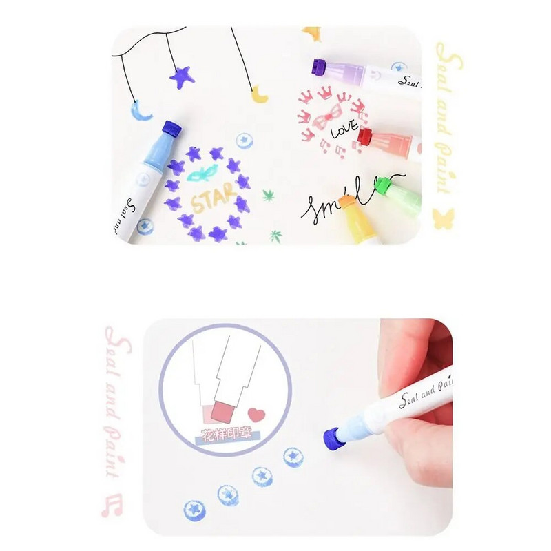 6 ΤΕΜ. Πολύχρωμο Σφραγίδα διπλής μύτης πινέλο ζωγραφικής Μαλακό κεφαλάκι Επισήμανση τέχνης Δώρο για μαθητές Εργαλεία σχεδίασης Σχολικά είδη