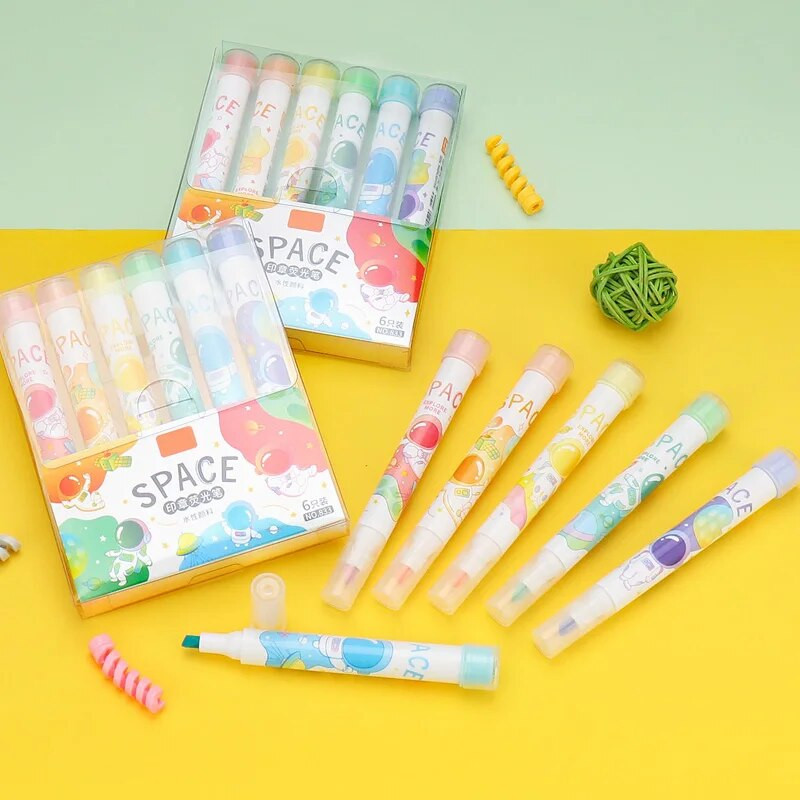 6 τμχ/σετ Σετ στυλό επισήμανσης σφραγίδων Χρώμα μαρκαδόροι Γραφική ύλη Χαριτωμένο μαθητικό σχέδιο διπλής όψης Σφραγίδα 4 χιλιοστών