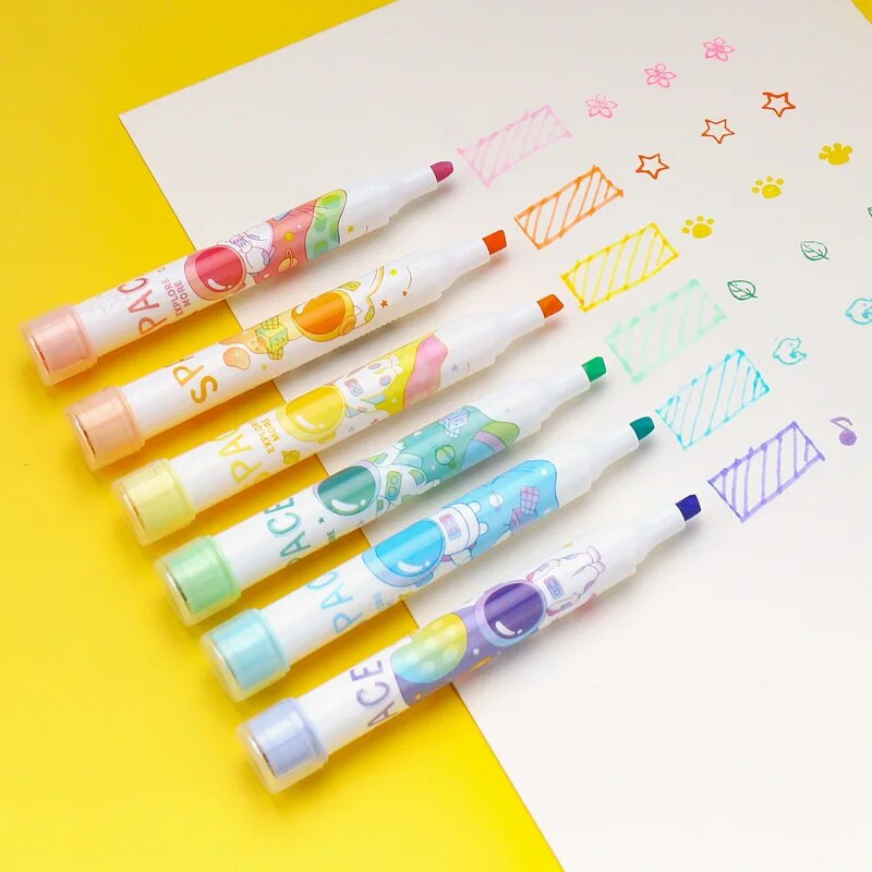 6 τμχ/σετ Σετ στυλό επισήμανσης σφραγίδων Χρώμα μαρκαδόροι Γραφική ύλη Χαριτωμένο μαθητικό σχέδιο διπλής όψης Σφραγίδα 4 χιλιοστών