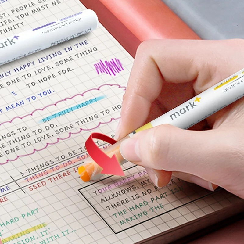 6tk Double Line Double Color Highlighters Pliiats Fluorestsentspliiatsid 2-ühes Markeerimispliiatsid Paksud peened markerid kooli kontorisse
