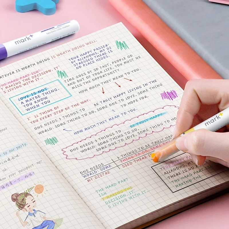 6tk Double Line Double Color Highlighters Pliiats Fluorestsentspliiatsid 2-ühes Markeerimispliiatsid Paksud peened markerid kooli kontorisse