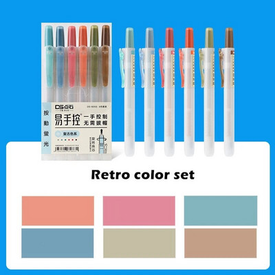 6gab Knock Type Krāsu marķiera pildspalvu komplekts Fluorescējošas marķieris Liner Pildspalvas Netoksisks Highlight Kancelejas preces Biroja skola A6844