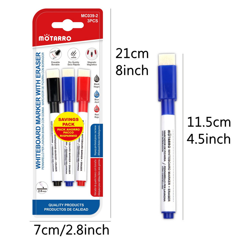 3Gb Mini baltās tāfeles magnētisko marķieru komplekts, smalks uzgalis, sausās dzēšanas marķieri ar dzēšgumiju mājas biroja skolas piederumiem Sarkans melns zils