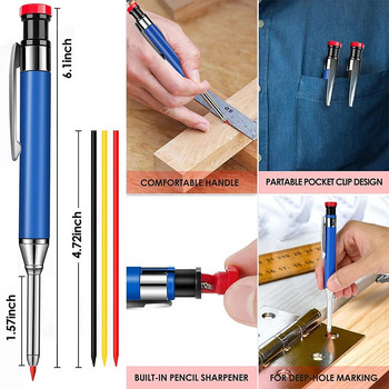 Плътен комплект за пълнене на молив за дърводелски моливи с дълъг нос, механичен маркер с дълбока дупка, вградена острилка за дървообработване на дърводелци