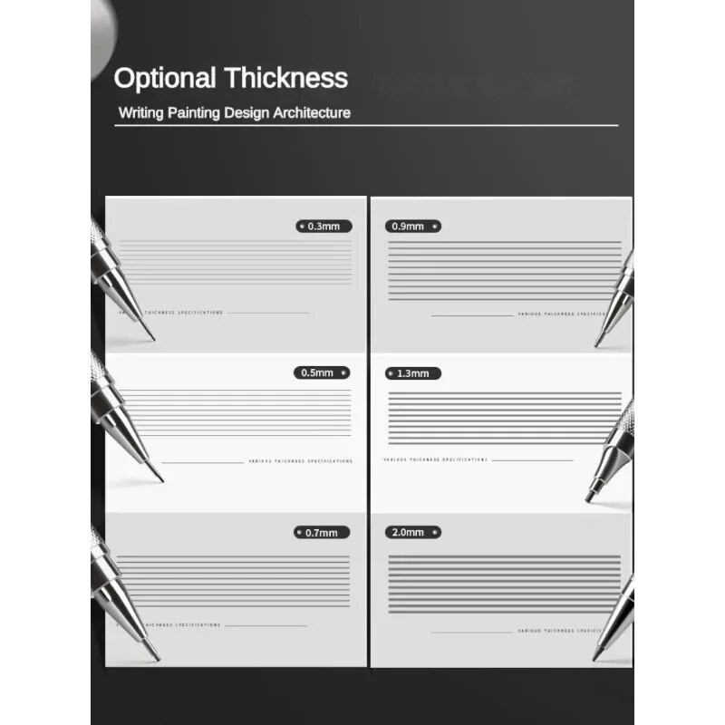 Mehāniskais zīmuļu komplekts 0,3 0,5 0,7 0,9 1,3 2,0 mm pilna metāla māksla, zīmējums, gleznojums, automātisks zīmulis, biroja kancelejas preces