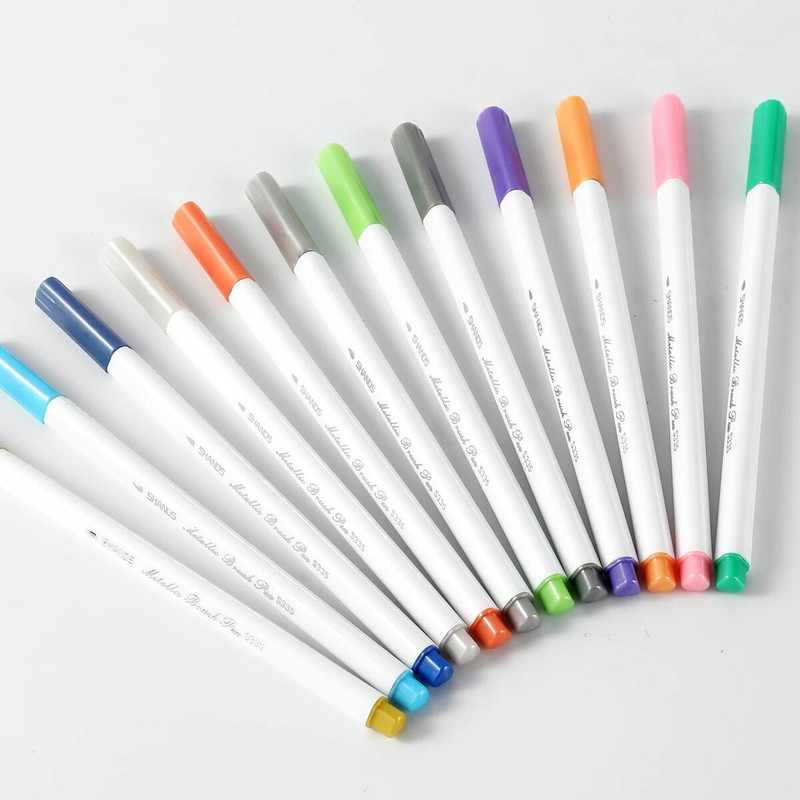 12gab metālisku krāsu marķieru komplekts, vidēji otas uzgaļi un cietie uzgaļi, dažādu krāsu tintes, piemērotas mākslas zīmēšanai, rotājumiem, kartītei m