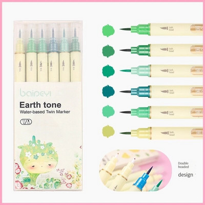 6 krāsu akvareļkrāsu mākslas marķieri otu pildspalvu komplekts ar diviem uzgaļiem smalko kontūru zīmējums kaligrāfijas gleznošanai, izcēlējs skolas piederumi