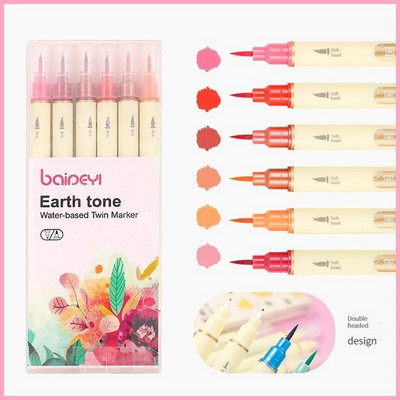 6 krāsu akvareļkrāsu mākslas marķieri otu pildspalvu komplekts ar diviem uzgaļiem smalko kontūru zīmējums kaligrāfijas gleznošanai, izcēlējs skolas piederumi