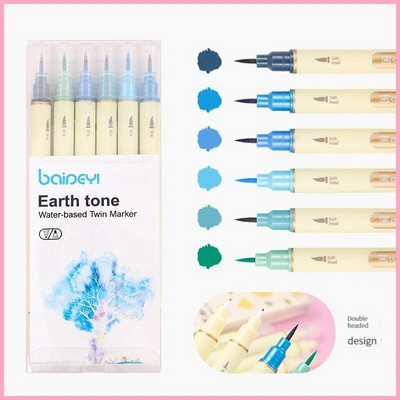 6 krāsu akvareļkrāsu mākslas marķieri otu pildspalvu komplekts ar diviem uzgaļiem smalko kontūru zīmējums kaligrāfijas gleznošanai, izcēlējs skolas piederumi