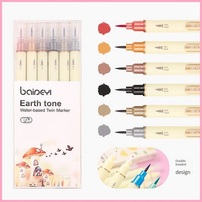 6 krāsu akvareļkrāsu mākslas marķieri otu pildspalvu komplekts ar diviem uzgaļiem smalko kontūru zīmējums kaligrāfijas gleznošanai, izcēlējs skolas piederumi