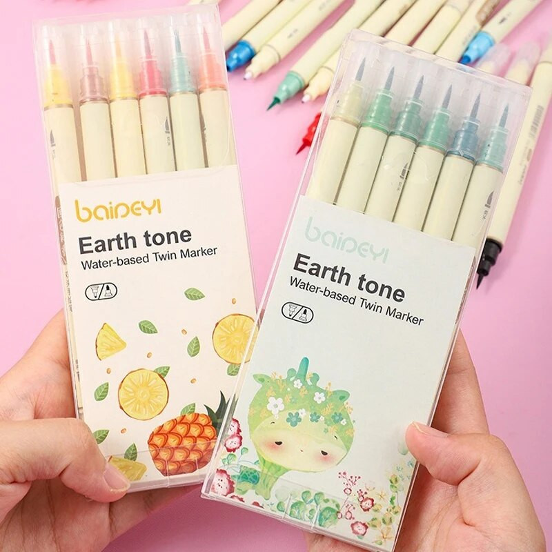 6 krāsu akvareļkrāsu mākslas marķieri otu pildspalvu komplekts ar diviem uzgaļiem smalko kontūru zīmējums kaligrāfijas gleznošanai, izcēlējs skolas piederumi