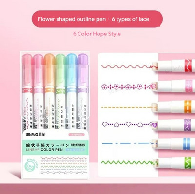 6 бр./компл. маркиращ ролков тип с форма на линия Curve Liner Marker Pens Контурна писалка за коледна картичка Канцеларски материали Училищни артикули