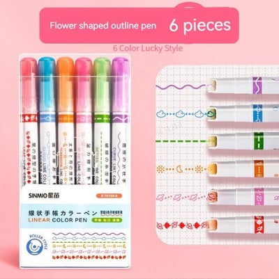 6 bucăți/set Marcator în formă de linie Sfârf cu role Curbe Liner Marker Pix pentru contur pentru felicitări de Crăciun Papetarie Rechizite de artă școlară
