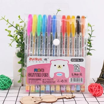 LOLEDE 12Pcs/σετ Gel στυλό Σετ Glitter for School Office Coloring Book Journals Σχέδιο Highlighter Graffiti Art Markers Pens