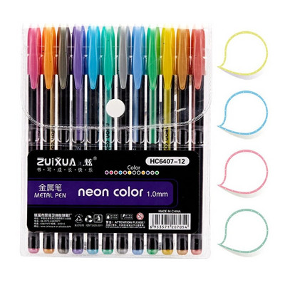 LOLEDE 12Pcs/σετ Gel στυλό Σετ Glitter for School Office Coloring Book Journals Σχέδιο Highlighter Graffiti Art Markers Pens