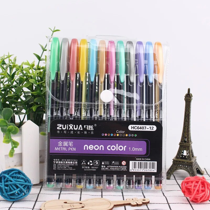 LOLEDE 12Pcs/σετ Gel στυλό Σετ Glitter for School Office Coloring Book Journals Σχέδιο Highlighter Graffiti Art Markers Pens