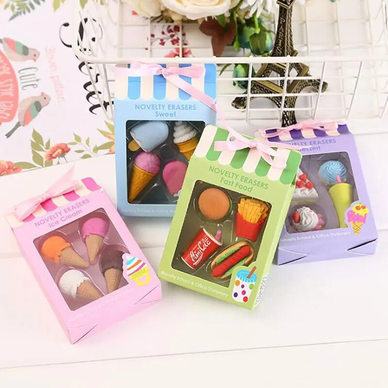 4PCS Kawaii radošās pārtikas kūku dzēšgumija Ziemassvētku bērniem dāvanu saldējuma hamburgera konfekte noņemama gumijas dzēšgumija kancelejas piederumi