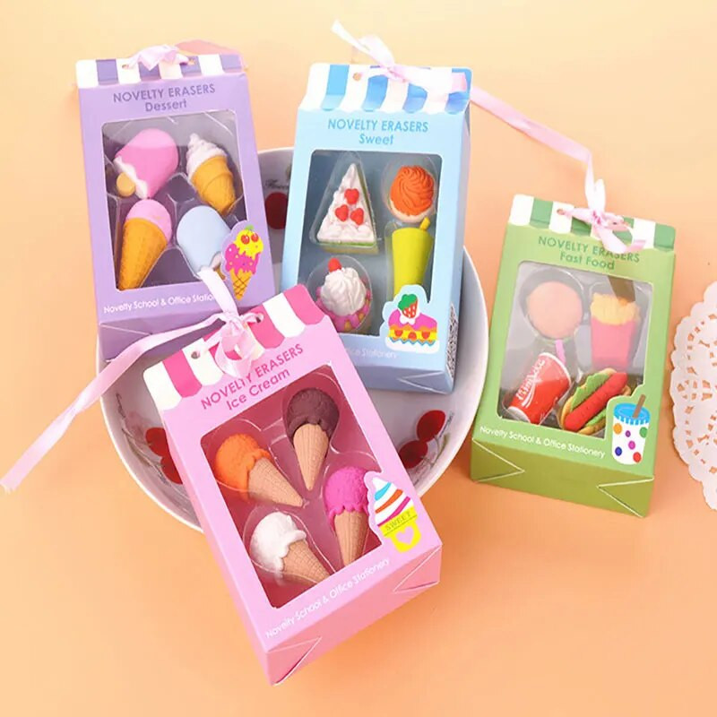 4PCS Kawaii radošās pārtikas kūku dzēšgumija Ziemassvētku bērniem dāvanu saldējuma hamburgera konfekte noņemama gumijas dzēšgumija kancelejas piederumi