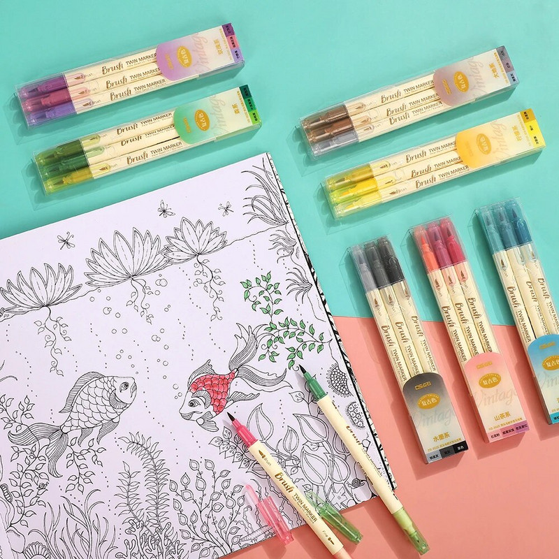 3 τμχ/Σετ Ρετρό στυλό με διπλή κεφαλή πινέλο Δημιουργικό στυλό μαρκαδόρου για σχέδιο Ζωγραφική Ακουαρέλα Χαρτικά Χαριτωμένα σχολικά είδη