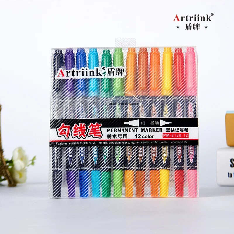 χονδρική 12 τμχ χρωματιστό Dual Tip γρήγορο στέγνωμα μαρκαδόρο μαρκαδόρου για ύφασμα μεταλλικό ποιοτικό λεπτό χαρτί για σχέδιο