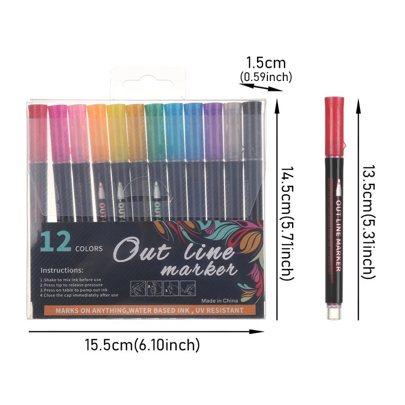 Divu līniju kontūra metāla marķieri Magic Shimmer Paint Paint Pildspalvas bērniem Pieaugušajiem Zīmēšanas Marķieris Pildspalva Māksla Glezniecības mācību piederumi