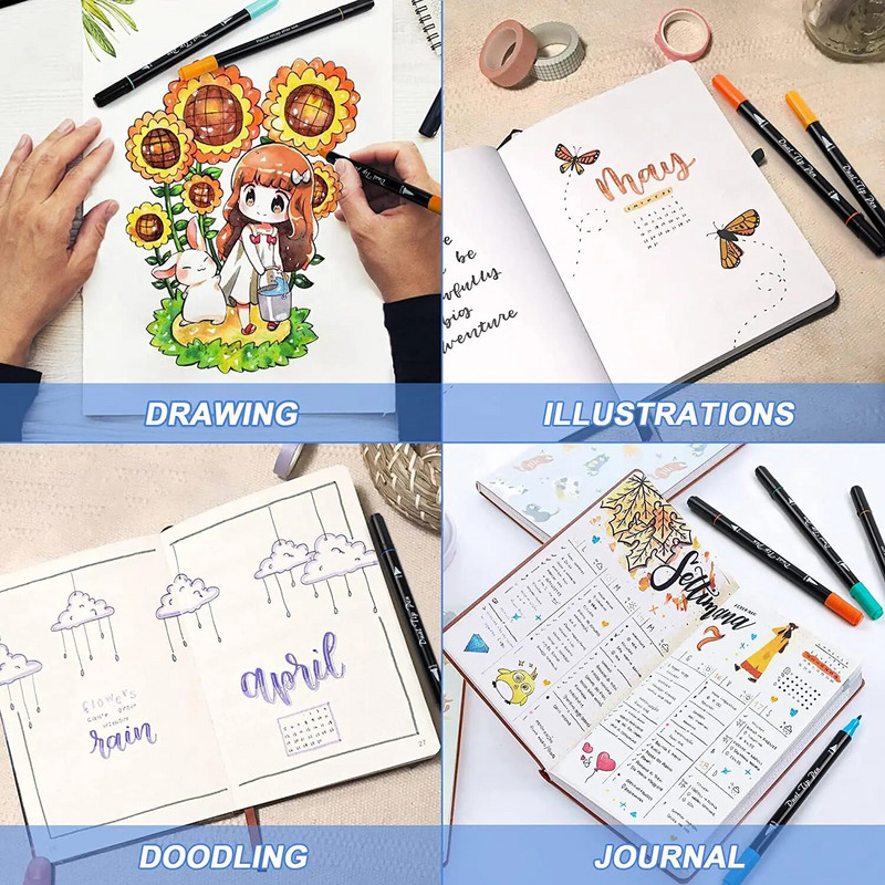 12 krāsu komplekts ar divu galu mākslas marķieri akvareļu otu smalkmateriāla pildspalva, dubultgalva Manga komiksu smalkais laineris skiču zīmēšanai.