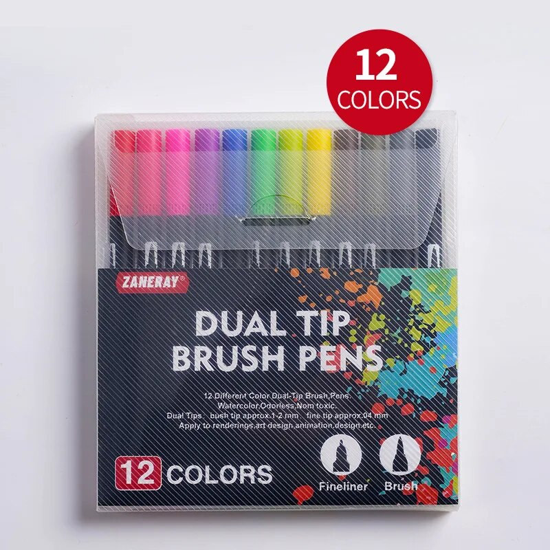 12 krāsu komplekts ar divu galu mākslas marķieri akvareļu otu smalkmateriāla pildspalva, dubultgalva Manga komiksu smalkais laineris skiču zīmēšanai.