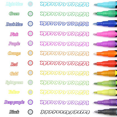 Двойна линия 12 цвята Маркери Контурна писалка Блестяща писане Рисуване Doodle Dazzle Line Paint Pens for DIY Card Posters Painting
