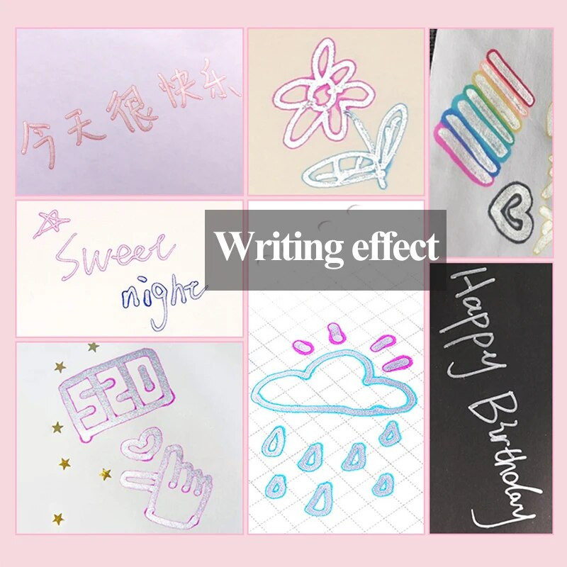 Dubultās līnijas 12 krāsu marķieri kontūru pildspalva ar mirdzumu, rakstīšana, zīmējums, apžilbināšanas līnija, krāsas pildspalvas, kas paredzētas kartīšu plakātu krāsošanai