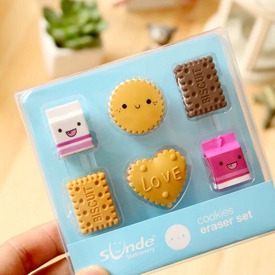 6pcs/pack NEW Kawaii Cartoon Boxed Milk Biscuit Eraser Cute Stationery School Girl Student Supplies Party Material